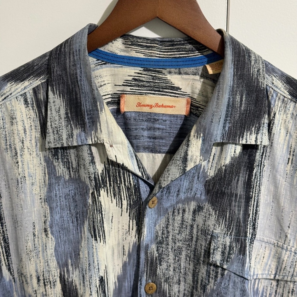 Tommy Bahama Mens XXL Silk Camp Shirt Abstract Ikat Print Blue Grey Short Sleeve